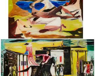 72
Leah Rhinne Hamilton (1906-1960)
Two works:

Figures by the shore
Oil on canvas
Signed lower right: Leah Hamilton
18" H x 22" W

"Tony on the Fourth of July, Downievillor [sic]"
Oil on canvas
Signed lower right: Leah Hamilton
18" H x 28" W
Estimate: $1,000 - $2,000