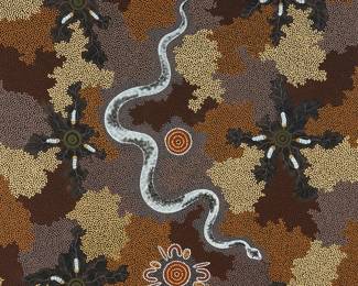 127
Mary Dixon Nungarrayi
b. 1960
"Witchetty Grub And Snake Dreaming," 1990
Acrylic on canvas
Signed verso: Mary Dixon; titled and dated by repute
60" H x 48" W
Estimate: $1,500 - $2,000