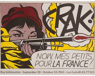 18
Roy Lichtenstein
1923-1997
Poster For Castelli Gallery Exhibition, Circa 1964
Offset lithograph in colors on wove paper
Unsigned; Poster Originals Ltd., Hollywood, CA, prntr. and pub.
Image: 18.5" H x 27" W; Sheet: 21" H x 28.5" W
Estimate: $2,000 - $3,000