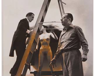 122
Philippe Halsman
1906-1979
"In Voluptas Mors (Production)," 1951
Gelatin silver print on paper
With the artist's ink stamp, as well as, the artist's estate and studio stamp, all verso; title, date, and number annotated in pencil, verso: #9 / PF60503
Image/Sheet: 14" H x 11" W
Estimate: $1,500 - $2,500