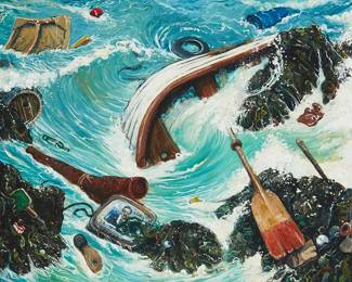 23
Chester Arnold
b. 1952
"All Washed Up," 2002
Oil on linen
Initialed and dated lower right: CA; signed again, titled, and inscribed, verso: Chester Arnold
18" H x 22" W
Estimate: $1,500 - $2,500