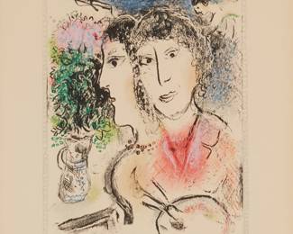 7
Marc Chagall
1887-1985
"Double Portrait Au Chevalet," 1976
Lithograph in colors on Arches paper
Edition: 29/50
Signed and numbered in pencil in the lower margin: Chagall
Image: 13.25" H x 10.25" W; Sheet: 22" H x 17" W
Estimate: $3,000 - $5,000