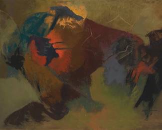 68
Ruth Armer
1896-1977
"Abstract"
Oil on canvas
Signed lower right: Ruth Armer; signed again and titled in ink on a small gummed label affixed to the center of the upper stretcher, verso.
22" H x 34" W
Estimate: $5,000 - $7,000