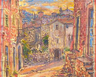 55
Bruno Zupan
b. 1939
Village Street Scene
Oil and gold leaf on canvas
Signed upper right: Zupan; signed again and numbered, verso: 2574
39.5" H x 39.5" W
Estimate: $2,000 - $3,000