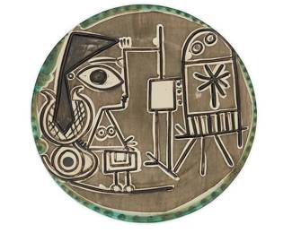 14
Pablo Picasso
1881-1973
"Jacqueline Au Chevalet," 1956
Partial glaze and engobe on earthenware ceramic
Edition: 146/200
Stamped and numbered to underside: Madoura Plein Feu / Empreinte Originale de Picasso / F.219
16.5" Dia.
Estimate: $20,000 - $30,000