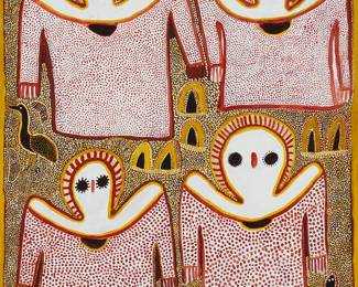 126
Lily Karedada
b. 1937
"Wandjina (Four Fingers)," 1998
Acrylic on linen
Unsigned; titled and dated by repute
48" H x 36" W
Estimate: $2,000 - $3,000