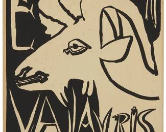 12
Pablo Picasso
1881-1973
Poster For Exposition Vallauris, 1952
Linoleum cut on green wove paper
Edition: One of 450 from a total edition of 1400
Signed in pencil, lower right: Picasso; Imprimerie Arnéra, Vallauris, prntr.; Morulot, Paris, pub.
Image: 23.5" H x 15.625" W; Sheet: 27.5" H x 19.75" W
Estimate: $1,000 - $2,000