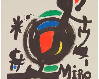 1
Joan Miro
1893-1983
Exhibition Poster "Les Essencies De La Terra"
Lithograph in colors on cartridge paper
Edition: 191/200 (aside from the numbered edition of 140 on wove paper)
Monogrammed and numbered in pencil in the lower margin corners; Poligrafa, Barcelona, pub.
Image: 25.5" H x 20" W; Sheet: 29.75" H x 22.75" W
Estimate: $1,000 - $2,000