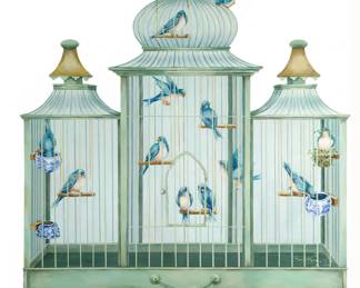 Katherine Barnwell bird cage fire screen with blue finches
