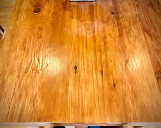 Pine dining table and six high-back chairs with chair pads