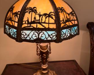 Antique slag glass lamp             22"h  x 16" diameter