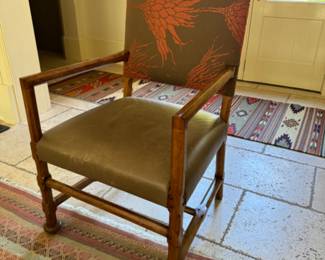  Stylized barley twist table with 4 Dessin Fournir leather seat armchairs & leather bench                                             table: 30.5"h x 42"w x 90" long