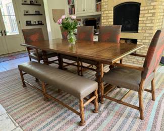  Stylized barley twist table with 4 Dessin Fournir leather seat armchairs & leather bench                                             table: 30.5"h x 42"w x 90" long