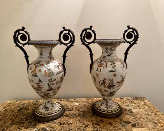   Pr. ceramic vases with metal mounts  17.75"h 