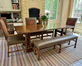  Stylized barley twist table with 4 Dessin Fournir leather seat armchairs & leather bench                                             table: 30.5"h x 42"w x 90" long
