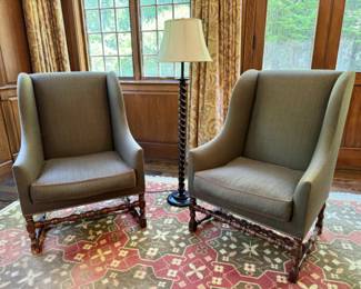 Was $2000 - Now $1200  Pr. Dennis & Leen Louis XIII fireside wing chairs +  ottoman 45"h x 30"w x 36"d