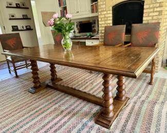 Stylized barley twist table with 4 Dessin Fournir leather seat armchairs & leather bench                                             table: 30.5"h x 42"w x 90" long