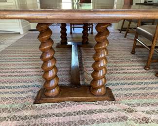 Stylized barley twist table with 4 Dessin Fournir leather seat armchairs & leather bench                                             table: 30.5"h x 42"w x 90" long