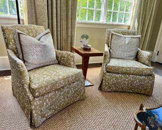  Pr. custom lounge chairs in gorgeous embroidered upholstery 36"h x 29"w x 35"d