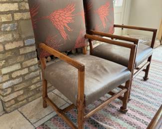  Stylized barley twist table with 4 Dessin Fournir leather seat armchairs & leather bench                                             table: 30.5"h x 42"w x 90" long