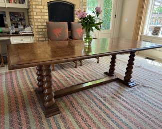 Stylized barley twist table with 4 Dessin Fournir leather seat armchairs & leather bench                                             table: 30.5"h x 42"w x 90" long