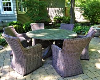 Kingsley Bates Round Teak Table and 6 Kingsley Bates Woven Dining Chairs