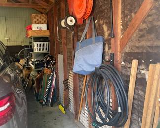 Vintage Radio Flyer wagon, garder gear, metal shelving and more.