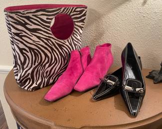 Kate Spade zebra bag with pink suede interior, Prada booties, Prada patent leather flats