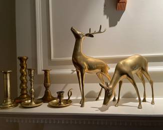 Brass deer and candlesticks