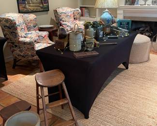 Rustic crockery, step ladder, irons and other vintage items