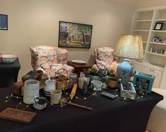 Rustic crockery, step ladder, irons and other vintage items