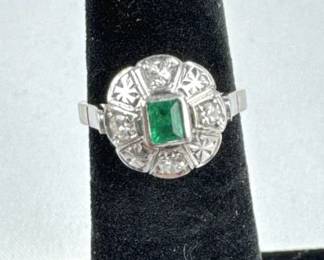 14K White Gold, Diamond & Emerald Ring