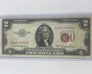 1953 $2 Error, Off Center Red Seal Note