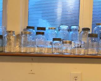 Clear vintage Mason jars & old coffee jars