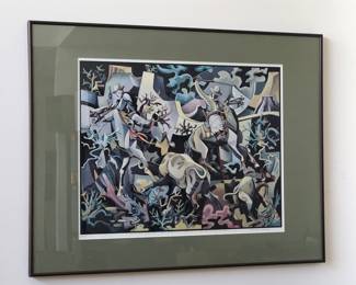 Signed offset lithograph of painting by George Gogas “Judith Basin Encounter: When Charlie & Pablo had just Another Day at the Office”, edition of 175, signed lower right, framed size 26.5” x 34”. 