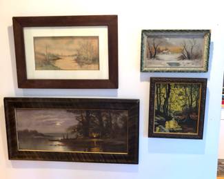 Antique paintings & one watercolor - largest is 18” x 35”