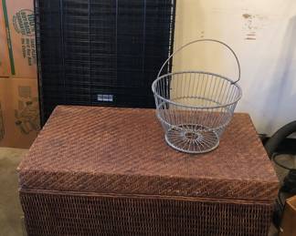 Wicker trunk (36”L, 20”D, 19”H), wire basket, large dock kennel 