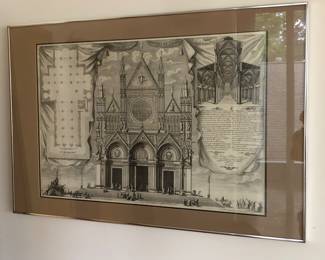 Etching of the facade of Duomo in Siena Italy by Cosatti, dated 1719 (framed size 24” x 36”)