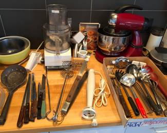 Cuisinart Custom 11 food processor, red Sunbeam MixMaster Heritage Series stand mixer, immersion blender, utensils