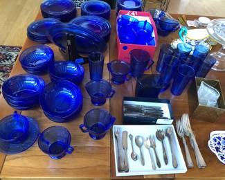 Hazel Atlas Aurora cobalt blue bowls, H.A. cobalt tumblers, silverplate flatware