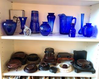 Cobalt glass vases, Hazel Atlas Royal Blue Lace pitcher, lots of Asian vase stands