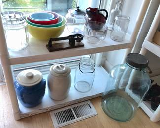 Antique cigar jar w/ lid, Pyrex primary mixing bowl set, vintage egg scale, ruby glass pitcher, crocks w/ lids, 18” aqua jar w/ bale