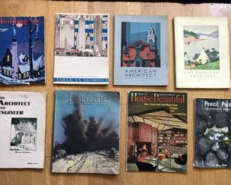 Vintage magazines: 1928 Building Age, 1930s American Architect, 1944 Fortune, 1963 House Beautiful with Frank Lloyd Wright House