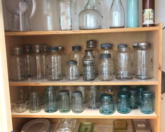 Just a few of the MANY Mason jars - lots of clear & aqua (blue) by Ball, Kerr, Atlas, Presto, Boyd & more. Also colored glass refrigerator dishes & restaurant china platters.