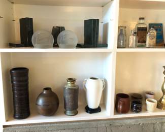 Studio pottery vases L to R: Reid Ozaki, Robert Sperry, unidentified mug & tea cups, marble bookends, Art Deco frosted glass bookends