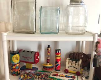 Battery jars, big barrel jar, vintage Playskool toys, Brio train set in box, vintage kids baseball glove