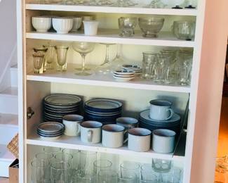 Lots of stemware, Earthstone plates & cups + saucers, au gratin casseroles, Schonwald plates & bowls, Arabia Teema blue plates