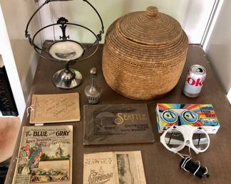 Silverplate brides basket, Yupik Indian basket (Alaska), ephemera including Seattle items, fun sunglasses with wiper blades + box