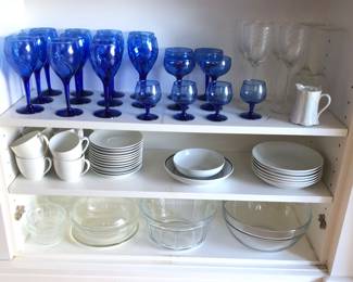 Cobalt stemware, German cups & saucers, clear French bowls