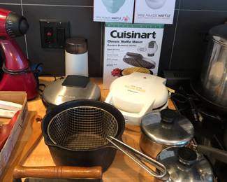 Waffle irons, cast iron sauce pan, Revere Ware